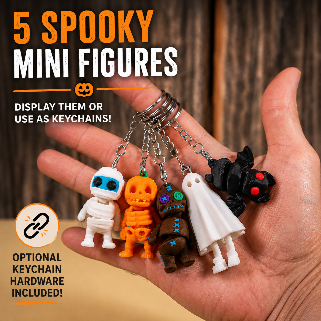 Five spooky 3D printed mini figures with optional keychain hardware