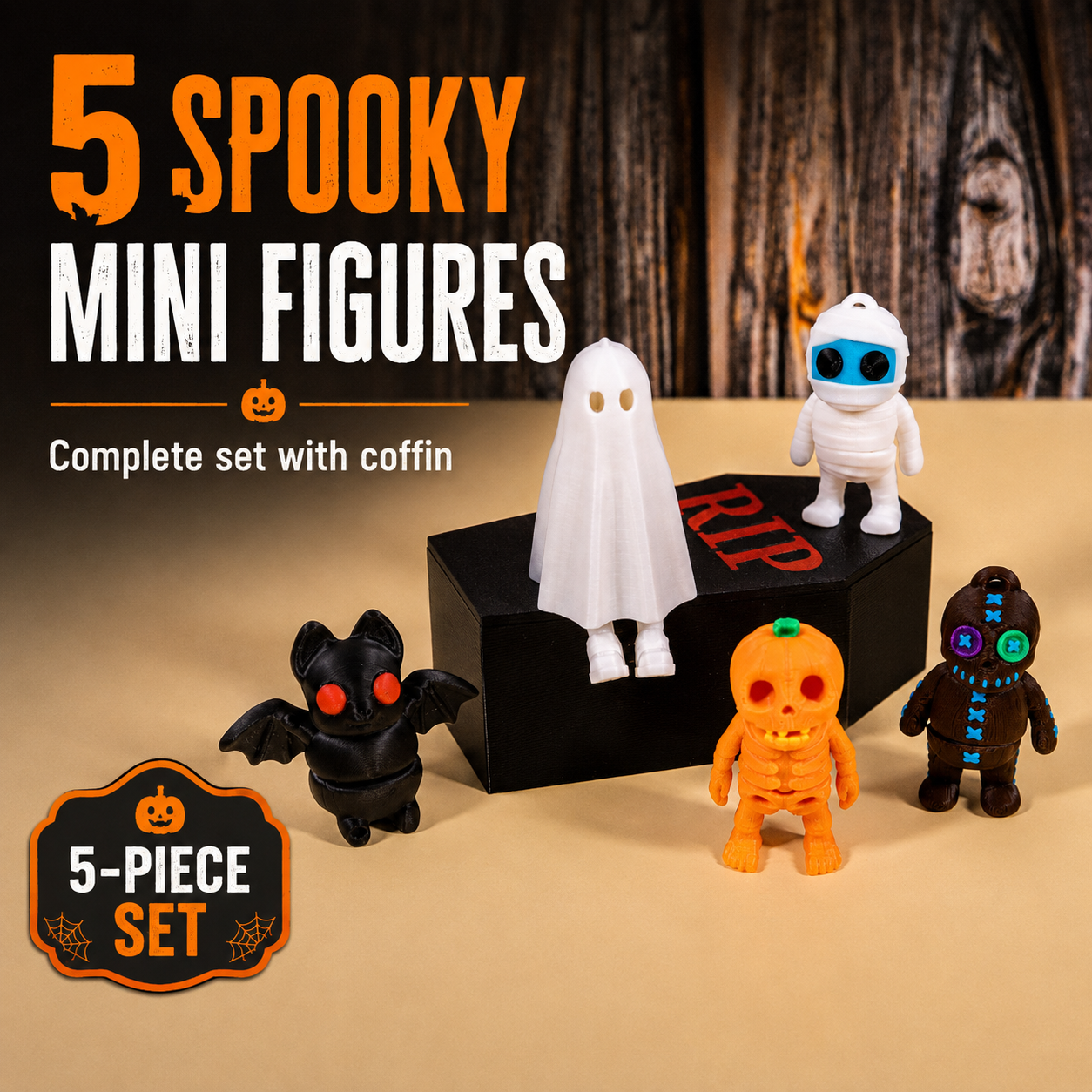 Halloween mini figure set displayed with a coffin-shaped storage case